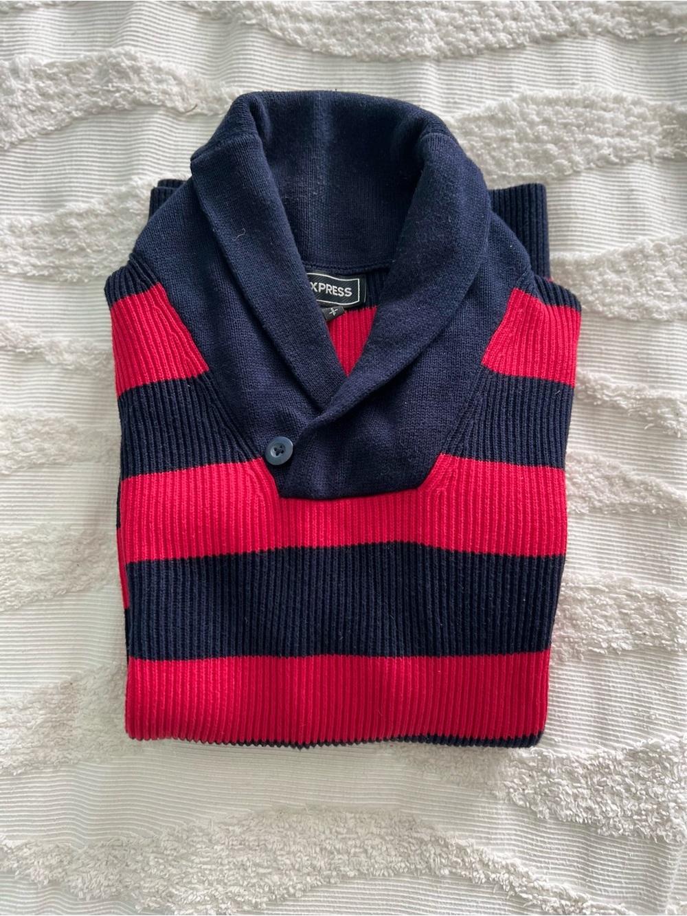 Express Shawl-Collar Ribbed Stripe Sweater in Navy and Red